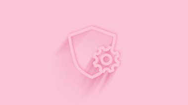 Pembe arka planda gölgesi olan ayarlı dişli simgesi olan animasyon kalkan. Neumorfizm asgari düzeyde. Şeffaf arka plan. 4K video hareketi grafik canlandırması.