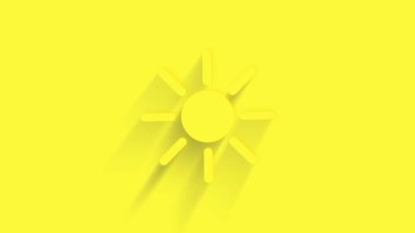 Sarı arka planda gölgesi olan animasyon güneş ikonu. Neumorfizm asgari düzeyde. Şeffaf arka plan. 4K video hareketi grafik canlandırması.