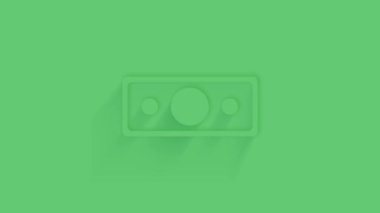 Yeşil arka planda gölgesi olan hareketli banknot dolar simgesi. Neumorfizm asgari düzeyde. Şeffaf arka plan. 4K video hareketi grafik canlandırması.