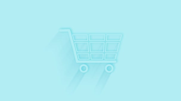 Icono de carrito de compras animado con sombra sobre fondo azul. Neumorfismo estilo mínimo. Fondo transparente. Animación gráfica de vídeo 4K. — Vídeos de Stock