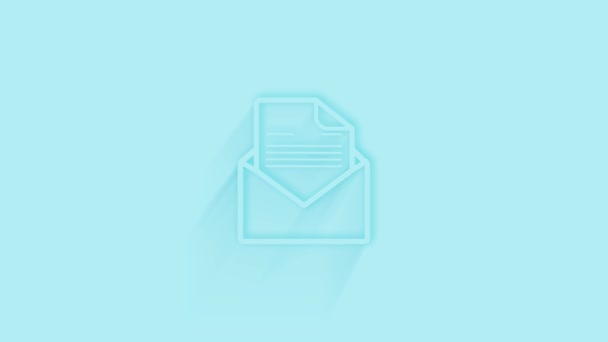 Envelope aberto animado com ícone de letra com sombra no fundo azul. Neumorfismo estilo mínimo. Fundo transparente. Animação gráfica em movimento de vídeo 4K. — Vídeo de Stock