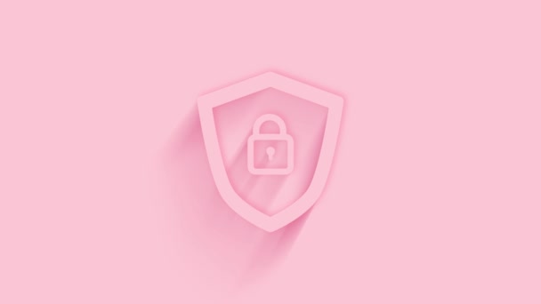 Escudo de seguridad animado con icono de bloqueo con sombra sobre fondo rosa. Neumorfismo estilo mínimo. Fondo transparente. Animación gráfica de vídeo 4K. — Vídeos de Stock