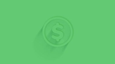 Yeşil arka planda gölgesi olan hareketli dolar sembolü. Neumorfizm asgari düzeyde. Şeffaf arka plan. 4K video hareketi grafik canlandırması.