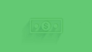 Yeşil arka planda gölgesi olan hareketli banknot dolar simgesi. Neumorfizm asgari düzeyde. Şeffaf arka plan. 4K video hareketi grafik canlandırması.