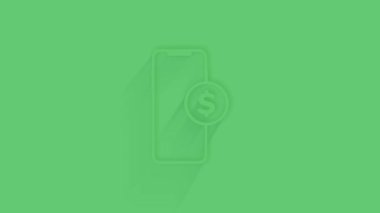 Yeşil arka planda gölgesi olan dolar sembollü animasyon akıllı telefon. Neumorfizm asgari düzeyde. Şeffaf arka plan. 4K video hareketi grafik canlandırması.