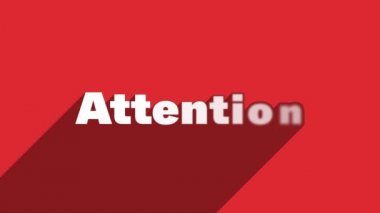 Kırmızı arka planda gölgeli beyaz harflerle hareketli animasyon. Uyarı simgesi. 4K Video hareketli grafik canlandırması.