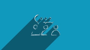 Beyaz çizgi insanları mavi arka planda gölgeli baloncuk konuşma ikonu ile grup oluşturuyorlar. Gölge yansıma tasarımı. 4K video hareketi grafik canlandırması.