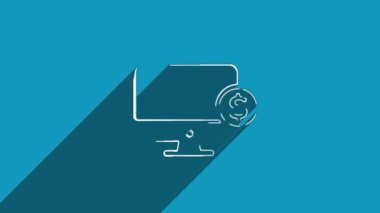 Beyaz çizgi bilgisayar monitörü. Mavi arka planda gölgesi olan dolar simgesi. Gölge yansıma tasarımı. 4K video hareketi grafik canlandırması.