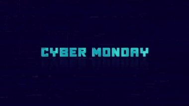 Retro CYBER Pazartesi metninin animasyonu mavi arka planda arıza yapıyor. Eski TV parazit ekranı. 4K Video hareketli grafik canlandırması.