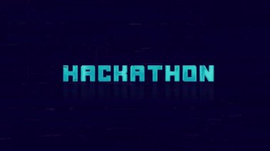 Mavi arkaplanda arızalı retro HACKATHON metninin canlandırması. Eski TV parazit ekranı. 4K Video hareketli grafik canlandırması.