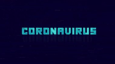 Mavi arkaplanda arızalı retro CORONAVIRUS metin animasyonu. Eski TV parazit ekranı. 4K Video hareketli grafik canlandırması.