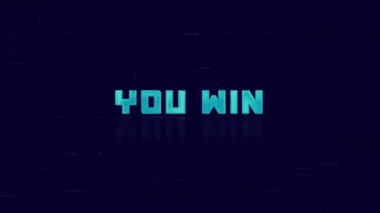 Retro You WIN metninin animasyonu mavi arkaplanda arıza yapıyor. Eski TV parazit ekranı. 4K Video hareketli grafik canlandırması.