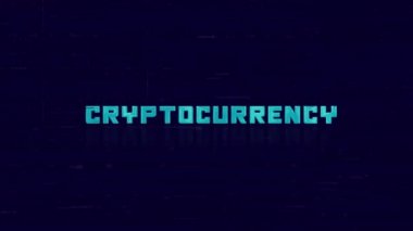 Mavi arkaplanda arızalı retro CRYPTOCURRENCY metin animasyonu. Eski TV parazit ekranı. 4K Video hareketli grafik canlandırması.