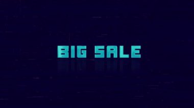 Mavi arkaplandaki eski büyük satış metninin animasyonu. Eski TV parazit ekranı. Kara Cuma. 4K Video hareketli grafik canlandırması.