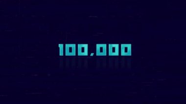 Mavi arkaplandaki 100K metin animasyonu. Eski TV parazit ekranı. 100.000 abone. 100 bin takipçi. 4K Video hareketli grafik canlandırması.