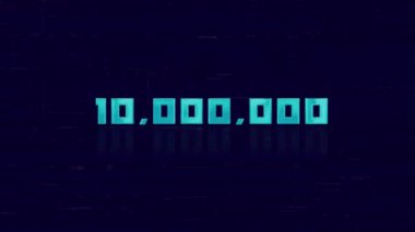 Mavi arka planda arıza yapan retro TEN MILLION numarasının animasyonu. Eski TV parazit ekranı. 100.000 abone var. 4K Video hareketli grafik canlandırması.