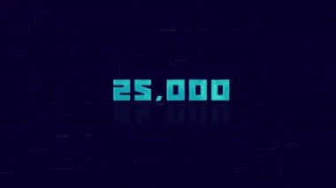 Geçmişe dönük 25K metin animasyonu mavi arkaplanda arıza yapıyor. Eski TV parazit ekranı. 25.000 abone. 25 bin takipçi. 4K Video hareketli grafik canlandırması.