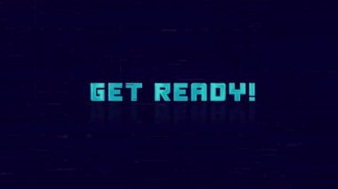 Geçmişe Dönüş 'ün animasyonu mavi arka planda arıza yapan hazır ol metni. Eski TV parazit ekranı. 4K Video hareketli grafik canlandırması.