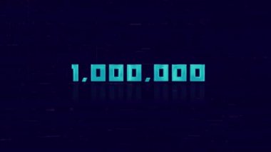 Mavi arka planda arızalı retro One MILLION numarası animasyonu. Eski TV parazit ekranı. 1000.000 abone. 4K Video hareketli grafik canlandırması.