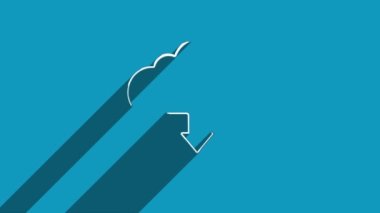 Mavi arkaplanda gölgesi olan beyaz çizgi bulutu indirme simgesi. Gölge yansıma tasarımı. 4K video hareketi grafik canlandırması.