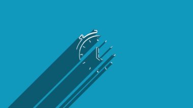 Mavi arka planda gölgesi olan beyaz çizgi kronometre simgesi. Gölge yansıma tasarımı. 4K video hareketi grafik canlandırması.