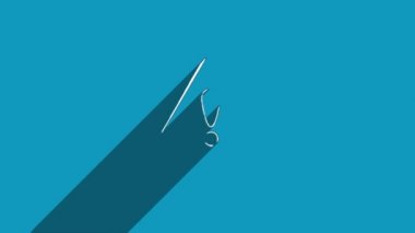 Mavi arka planda gölgesi olan beyaz çizgi ünlem işareti. Gölge yansıma tasarımı. 4K video hareketi grafik canlandırması.