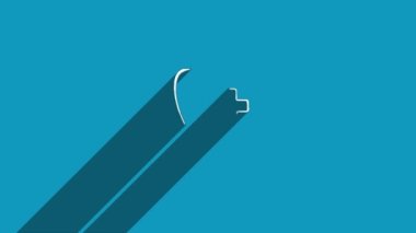 Mavi arka planda gölgesi olan beyaz çizgi tıbbi ikonu arıyor. Gölge yansıma tasarımı. 4K video hareketi grafik canlandırması.