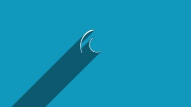 Mavi arka planda gölgesi olan beyaz çizgi GPS konum imleci simgesi. Gölge yansıma tasarımı. 4K video hareketi grafik canlandırması.