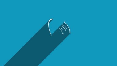 Mavi arkaplanda gölgesi olan beyaz hat telefon ahizesi simgesi. Gölge yansıma tasarımı. 4K video hareketi grafik canlandırması.