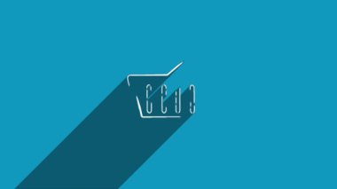 Mavi arka planda gölgesi olan beyaz çizgi alışveriş sepeti simgesi. Gölge yansıma tasarımı. 4K video hareketi grafik canlandırması.