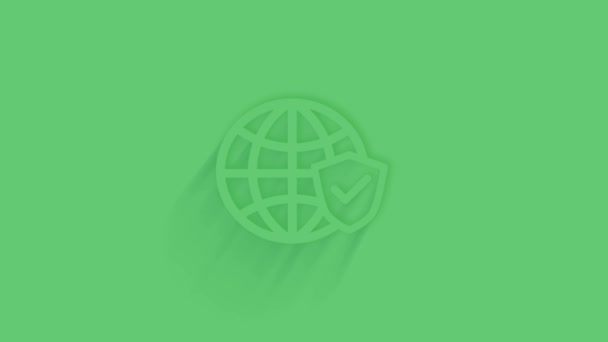 Animated earth globe with checkmark icon with shadow on green background. Neumorphism minimal style. Transparent background. 4K video motion graphic animation. — Stock Video