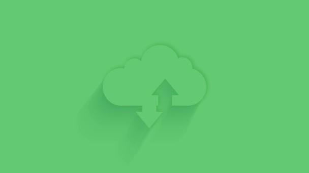 Анимированная загрузка облака и иконка загрузки с тенью на зеленом фоне. Нейморфизм минимальный стиль. Прозрачный фон. 4K видеографическая анимация. — стоковое видео