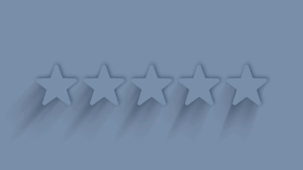 Animated rating five stars icon with shadow on blue background. Neumorphism minimal style. Transparent background. 4K video motion graphic animation. — Stock Video