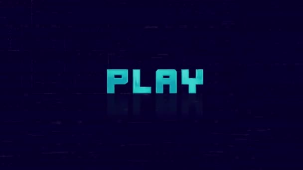 Animation of retro PLAY text glitching on blue background. Old tv glitch interference screen. 4K Video motion graphic animation. — Stock Video