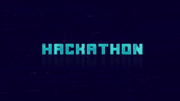 Animation des Retro-HACKATHON-Textes, der auf blauem Hintergrund glitzert. Alte TV-Störung Interferenzbildschirm. 4K Video Motion Grafik Animation. — Stockvideo