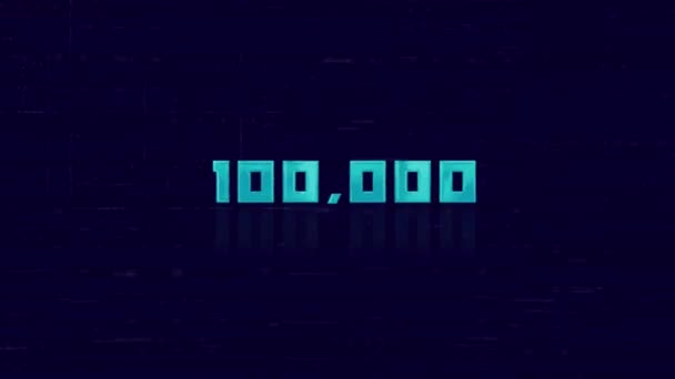 Animación de texto retro 100K fallando sobre fondo azul. Pantalla de interferencia de fallo de TV vieja. 100000 suscriptores. 100K seguidores. Animación gráfica de vídeo 4K. — Vídeo de stock