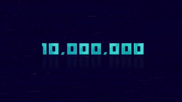 Mavi arka planda arıza yapan retro TEN MILLION numarasının animasyonu. Eski TV parazit ekranı. 100.000 abone var. 4K Video hareketli grafik canlandırması. — Stok video