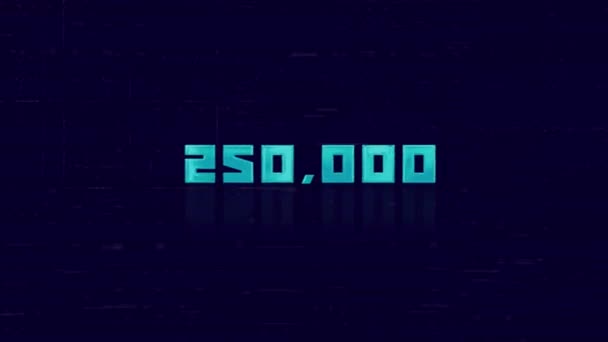 Animation of retro 250K text glitching on blue background. Old tv glitch interference screen. 250000 subscribers. 250K followers. 4K Video motion graphic animation. — Stock Video