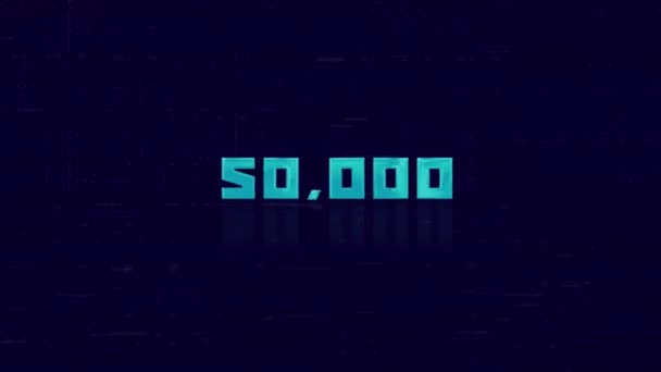 Animation of retro 50K text glitching on blue background. Old tv glitch interference screen. 50000 subscribers. 50K followers. 4K Video motion graphic animation. — Stock Video