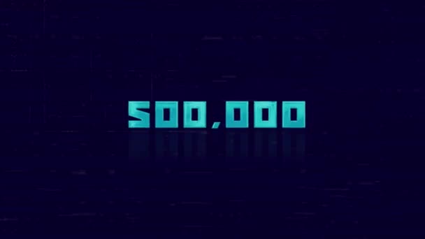 500 K 텍스트의 애니메이션은 파란 배경에서 반짝이고 있다. 오래 된 TV 결함 방해물 화면. 5 만 명의 구독자가 있습니다. 500 만 명 팔 로 워. 4K 비디오 모션 그래픽 애니메이션. — 비디오