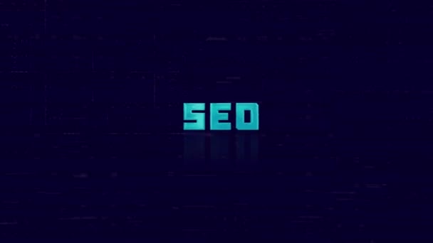 Animation of retro SEO text glitching on blue background. Old tv glitch interference screen. 4K Video motion graphic animation. — Stock Video