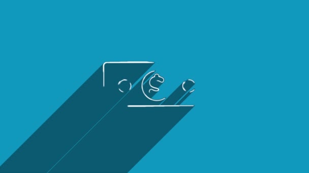 Icono de dólar blanco en línea con sombra aislada sobre fondo azul. Diseño de reflejo de sombra. Animación gráfica de vídeo 4K. — Vídeos de Stock