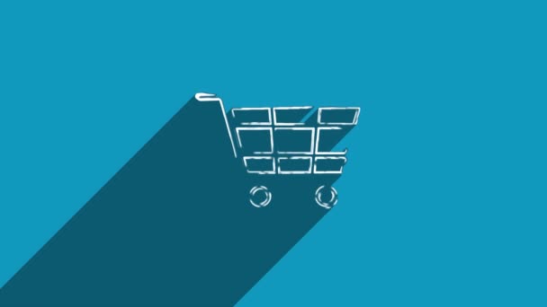 White line shopping cart icon with shadow isolated on blue background. Shadow reflection design. 4K video motion graphic animation. — Stock Video