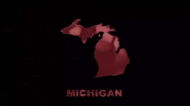 Michigan State Letter mit Glitch-Art-Effekt. Bundesstaat Michigan. USA. Vereinigte Staaten von Amerika. Text oder Etiketten Michigan mit Silhouette — Stockvideo