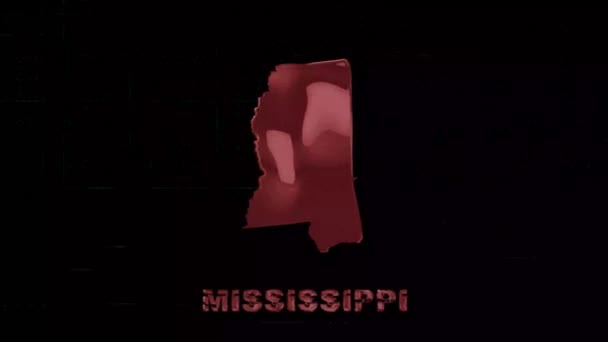 Misissippi state letting with glitch art effect Штат Міссісіпі. США. Сполучені Штати Америки. Текст або маркування Міссісіпі силуетом. — стокове відео