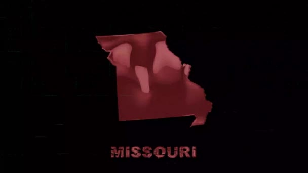 Missouri statliga bokstäver med glitch konst effekt. Missouri-staten. USA. Förenta staterna. Text eller etiketter Missouri med siluett — Stockvideo