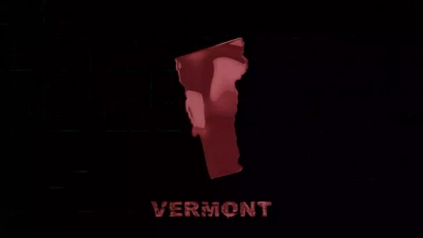 Vermont state letting with glitch art effect Штат Вермонт. США. Сполучені Штати Америки. Текст або етикетка Вермонт з силуетом — стокове відео