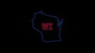 Parlayan neon hattı Wisconsin eyaleti siyah arka planda izole edilmiş. ABD. Amerika Birleşik Devletleri 'nden Wisconsin eyaletini gösteren animasyon haritası