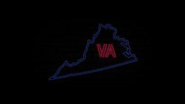 Parlayan neon hattı Virginia eyaleti siyah arka planda izole edilmiş. ABD. Animasyon haritası Amerika Birleşik Devletleri 'nden Virginia eyaletini gösteriyor.
