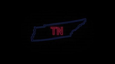 Parlayan neon hattı Tennessee eyaleti harfleri siyah arka planda izole edilmiş. ABD. Animasyon haritası Amerika Birleşik Devletleri 'nden Tennessee eyaletini gösteriyor